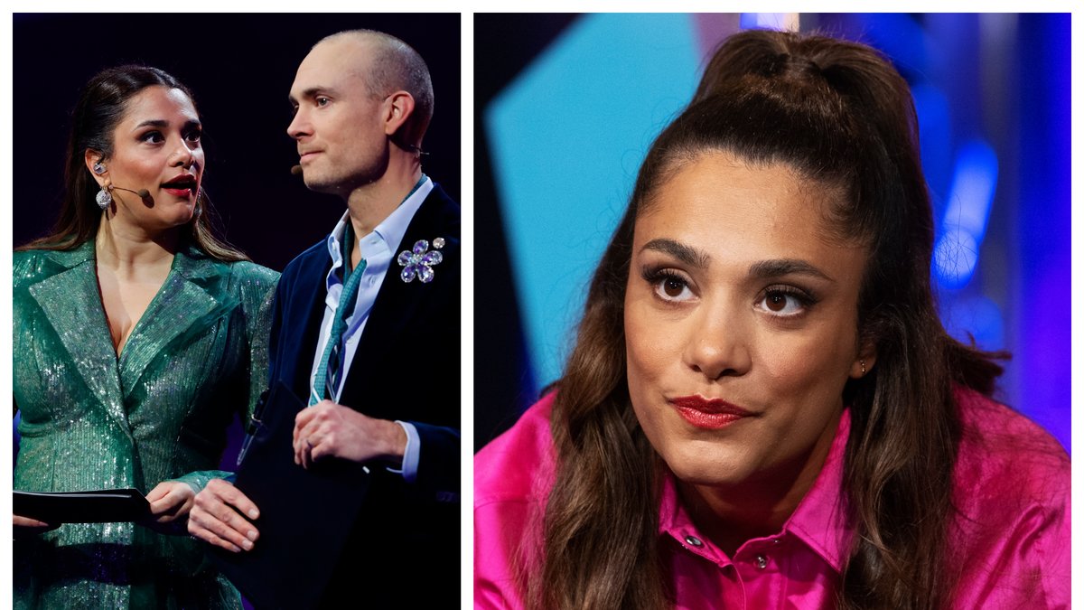 Farah Abadi och Jesper Rönndahl programleder Melodifestivalen 2023.